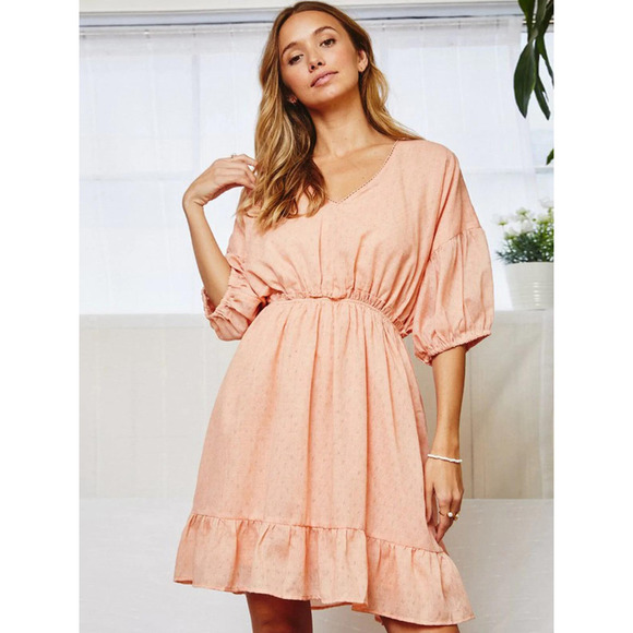 She + Sky Dresses & Skirts - Peach Puff Sleeve Elastic Waist Dress – Soft Feminine Style